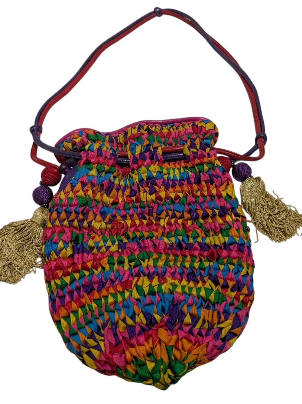 Sharif Multicolor Woven Drawstring Mini Bag with Gold Tassels